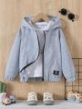 SHEIN Toddler Boys' Sporty Split Design Hooded Jacket With Letter Print Patch And Zipper