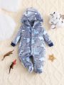 Cute Dinosaur Pattern Printed Flannel Fleece Warm Romper Jumpsuit For Newborn Baby Girls And Boys