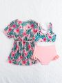 Baby Girl Plant Pattern Printed Bikini Swimsuit Set With Kimono Robe