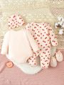 Baby Girls' Apple & Letter Print Long Sleeve Romper Jumpsuit With Matching Pants, Home Clothes 2pcs/Set