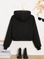 SHEIN Teen Girls' Knitted Solid Color Heart Detail Hoodie With Kangaroo Pocket And Zipper Front