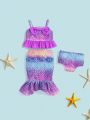 SHEIN Baby Girl Cute Mermaid Pattern Spaghetti Straps Colorblock Swimsuit 3pcs Set