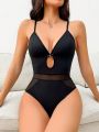 Mesh Insert Hollow Out Detail Bodysuit For Shapewear