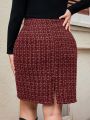 SHEIN Privé Plus Size Plaid Button Detail Back Slit Midi Skirt