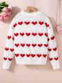 Fashionable Plain Knit Heart Pattern Pullover Sweater For Teenage Girls
