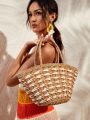 SHEIN VCAY Double Handle Woven Women's Tote Bag,Straw Bag,Perfect For Summer Beach Travel Vacation,For Outdoor,Holiday