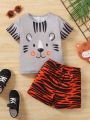 SHEIN Kids QTFun 2pcs/Set Toddler Boys' Casual Printed Short Sleeve Top And Shorts