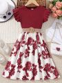 SHEIN Kids CHARMNG Girls Floral Print Ruffle Trim Belted Dress