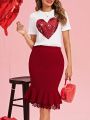 SHEIN Clasi Valentine's Day Women Sparkly Heart Pattern Top And Solid Color Mermaid Skirt Two Piece Set