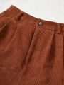 SHEIN Teenage Girls' Solid Woven Corduroy Shorts With Folded Hem