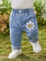 Baby Girls' Comfortable Casual Embroidered Denim Jeans