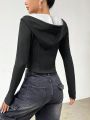 Women's Black Fishbone Stitching Drawstring Hooded Slim Fit Short Jacket