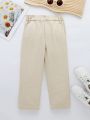 Young Girls' Basic Casual Cone-Shaped Jeans With Peach Bud Waist And Narrow Feet, Khaki
