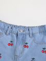 SHEIN Tween Girls' Washed Casual Fashionable Cherry Print Denim Shorts With Cute Schoolgirl Style
