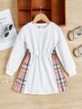SHEIN Girls' Comfortable Plaid Patchwork Sweatshirt With Drawstring Waist For Casual Wear