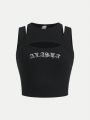 Teenage Girls' Ribbed Knitted Sleeveless Top With Hollow Out & Embroidered Letter Detail