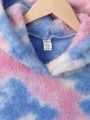 Tween Girl Tie Dye Letter Patched Detail Kangaroo Pocket Drop Shoulder Teddy Hoodie