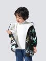 JNSQ Young Boy Letter Graphic Contrast Fuzzy Hooded Thermal Lined Coat