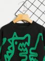 SHEIN Kids QTFun Boys' Casual Long Sleeve Round Neck Warm Sweater Featuring Green Dinosaur Pattern