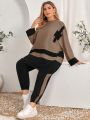 SHEIN Mulvari Plus Size Women's Contrasting Drop Shoulder T-shirt And Pants Set