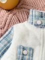 Baby Girls' Color Block Teddy Panel Zip Front Stand Collar Plaid Thick Woolen Jacket, Winter