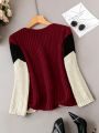 Plus Size V Neck Colorblock Long Sleeve Pullover Sweater