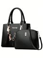 Women's Black Letter Patchwork Pu Leather Minimalist And Elegant Combination Bag With Pendant And Multiple Pockets, Convertible Shoulder Strap For Handbag/crossbody Bag/wallet, Large Capacity And Zipper Closure