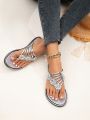 Women Rhinestone Decor Metallic Toe Post Flip Flops Glamorous Outdoor Flip Flops