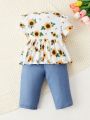 SHEIN Baby Girls' Casual Sunflower Pattern Short Sleeve Top And Jeans Pattern Long Pants Set