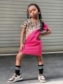 SHEIN Kids HYPEME New Arrival Toddler Girls' Leopard Print Patchwork Short Sleeve A-Line Dress With Round Neckline