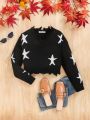 SHEIN Girls' V-Neck Long Sleeve Jacquard Sweater With Star Pattern