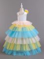 Baby Girls' Unicorn Printed Sleeveless Party Dress With Irregular Neckline, Multi-Layer Tulle Skirt