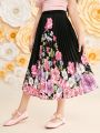 SHEIN Kids Nujoom Tween Girls' Loose Fit Cute Floral Pattern Pleated Skirt