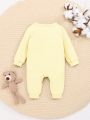 SHEIN Newborn Baby Girls' Casual Bear Embroidery Tie Front Footed Romper For Home Wear