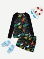 SHEIN Boys' Dinosaur & Letter Print Casual Round Neck Raglan T-shirt And Shorts Swimwear Set