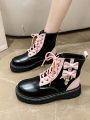 Women's Sweet Heart Shaped Soft Pu Leather Motorcycle Boots With Pink Bow Tie And Thick Bottom Sole