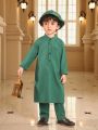SHEIN Kids SPRTY Toddler Boys' Style Long Sleeve Top, Same Color Pants And Hat Set