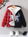 SHEIN Kids EVRYDAY Young Boy Spider Web & Plaid Print Thermal Lined Hooded Jacket Without Sweater