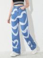 Teen Girls' Casual Fashionable Wide Leg Jeans With Heart Print