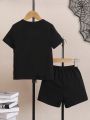 SHEIN Kids EVRYDAY 2pcs/Set Young Boys' Casual Spider Web & Spider Print T-Shirt With Colorblock Detail And Shorts, Spring & Summer