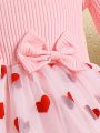 SHEIN Kids CHARMNG Little Girls' Romantic & Elegant Love Heart Mesh Round Neck Long Sleeve Dress For Spring And Autumn Holidays