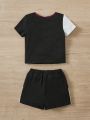 SHEIN Baby Boy Letter Print Color Block Short Sleeve T-Shirt And Shorts Set