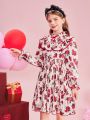 SHEIN Tween Girl Woven Floral Print Ruffle Collar Fitted Elegant Dress