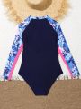 Teenage Girls' Tropical Printed One Shoulder Long Sleeve Front Zipper Swimsuit