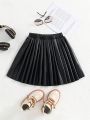 SHEIN Kids EVRYDAY Tween Girl Pu Street Fashionable Pleated Skirt, Knee-Length