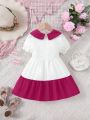 SHEIN Kids QTFun Little Girls' Woven Color Block & Pearl Beaded Trimmed Doll Collar Dress