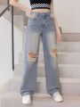 Teen Girls' Casual, Vintage, Distressed, Retro, Washed Denim Wide Leg Jeans