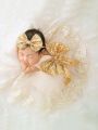 2pcs Newborn Baby Girls' Glitter Bow Decorated Embroidery Mesh Splice Dress With Headband For Photography