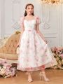 SHEIN Teen Girl'S Floral Printed Organza Mesh Short Puff Sleeve Long Dress