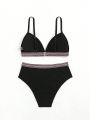 SHEIN Swim BohoFeel Ladies' Striped Contrast Edged Swimsuit Set